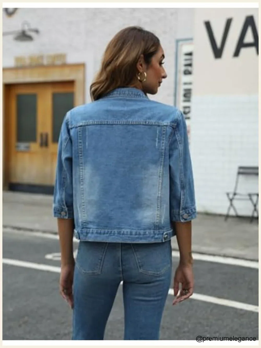 Cropped Denim Jacket 3/4 Sleeve Button Up Trucker Coat Lightweight